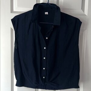 Old Navy Dark Blue Sleeveless Linen Blend Twist Hem Button-Up Shirt